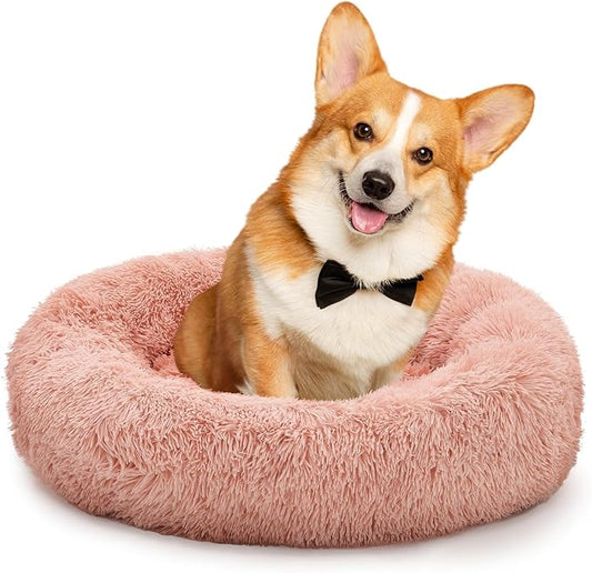 Athena Collection Washable Dog Bed Medium Size Dog, Cat Bed for Indoor Cats, 31 Inches Fluffy Faux Fur Round Pet Bed Calming Cozy Soft Warming Donut for Medium Puppy Kitten, Pink