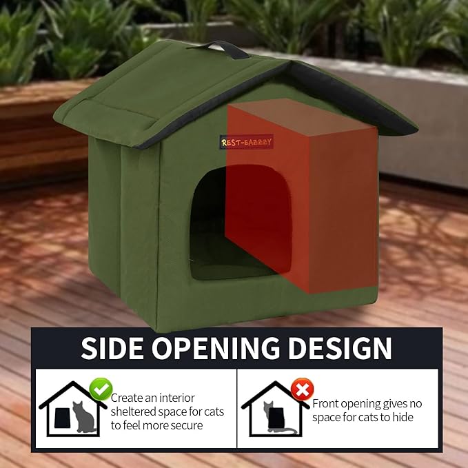 Rest-Eazzzy Cat House for Outdoor Cats, Weatherproof and Insulated Feral Cat House with Mat and Clip, Easy to Put Together, Selfwarming Cat Shelter for Winter(Olive Green, Canopy House X 1)