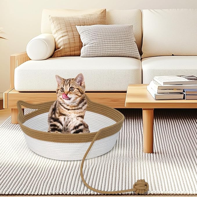 Cotton Rope Woven Cat Bed, Pet Sleeping Bed with a Playing Rope Ball, Foldable Sleeping Basket for Cats, Puppies, Rabbits and Small Pets (Large, Brown & Beige)