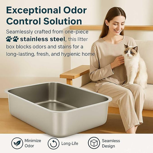 FELIO Stainless Steel Cat Litter Box - Medium Metal High Side Cats Pan, 19.4" L×13.5" W×5.9" H, Splash-Proof and Non-Stick Cat Poop Box odorless, Easy to Clean for Big Cats, Rabbit, Dog, Ferret