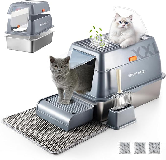 Stainless Steel Extra Large Covered Litter Box with High Sides Enclosed Lid for Big Tall Multiple Indoor Cat,Deep Metal,Jumbo Hooded,Low Entry Design for Dog Proof,Odor Control,Easy Clean,No Mess