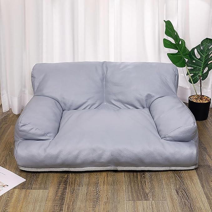 Pet Sofa Bed, Vintage Cat Dog Faux Leather Sofa with Non-Slip Bottom for Dogs Cats (Grey, Large)