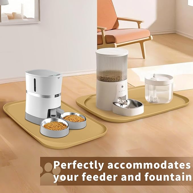 Silicone Pet Feeding Mat with Raised Edge & Residue Collection Pocket for Food and Water, Dog Bowl Mats, Cat Bowls Placemat with High Lip for Floor Waterproof, 22 x 14 x 0.8 Beige