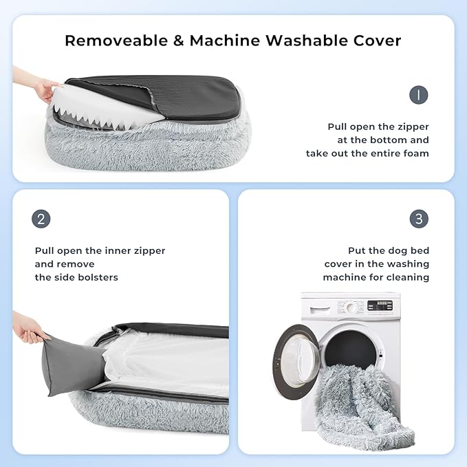 Calming Dog Beds for Large Sized Dogs - Orthopedic Fluffy Pet Bed, Donut Waterproof Pet Sofa with Washable Removable Cover, Supportive Egg Foam and Nonskid Bottom, Grey