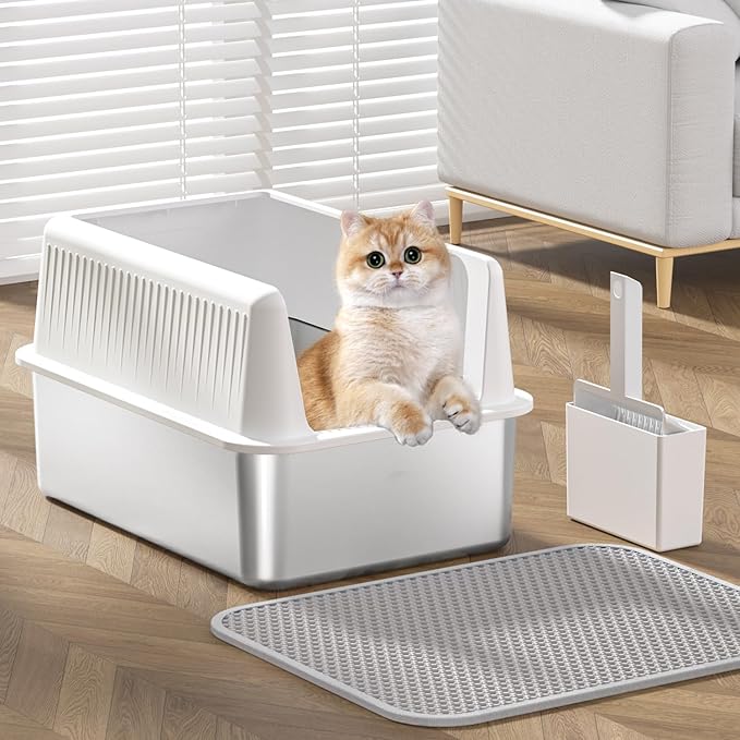 Stainless Steel Cat Litter Box with Lid,XL,19.7”L x 13.8”W x 11.8”H Deep,Metal Litter Box with High Side,for Small and Large Cats,with a Scoop and Scoop Storage Box Litter Mat Double,Easy Cleaning