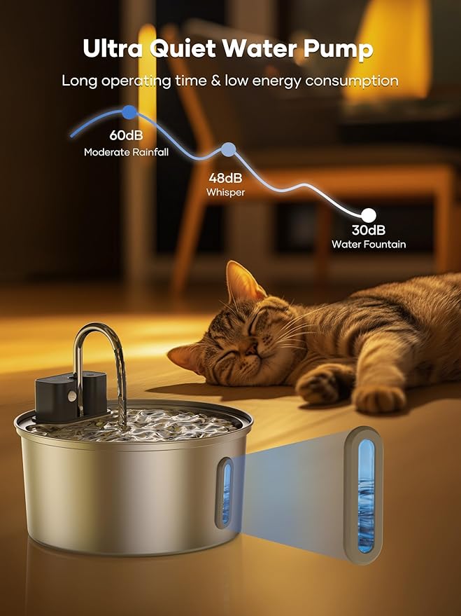 Wireless Cat Water Fountain - 108oz/3.2L Automatic Cat Water Fountain Cordless, Stainless Steel Battery Operated Pet Fountain Rechargeable Water Dispenser for Cats, Dogs, Multiple Pets