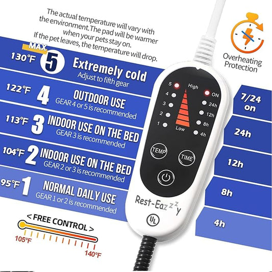 Rest-Eazzzy Heated Cat Bed with Removable Cover, 5 Level Timer & Temperature, Indoor Warming Mat for Cats & Dogs (Heat Pad, Pure-Grey, L)