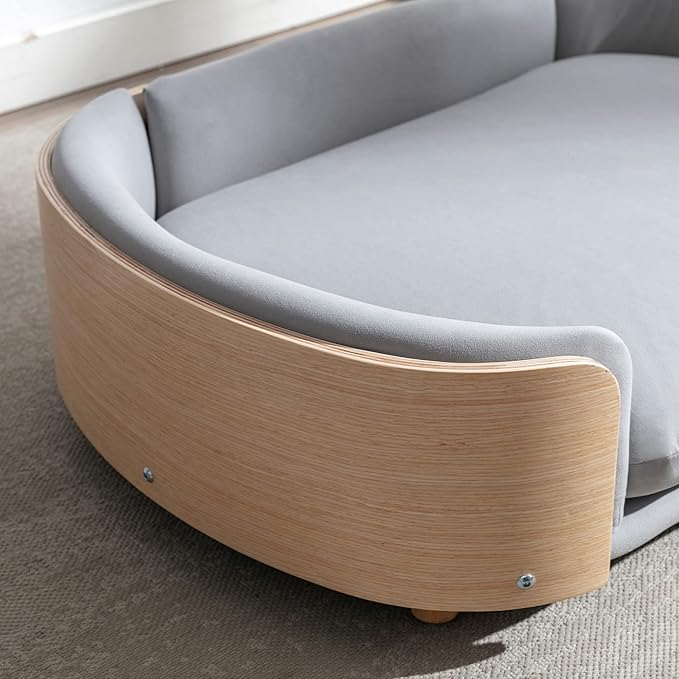 HomSof 38.58" Scandinavian Style Elevated Dog Cat Bed Pet Sofa with Solid Wood Legs and Bent Wood Back with Velvet Cushion,Large Size，Light Grey