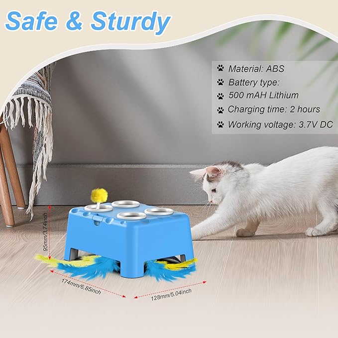 Cat Toys, Interactive Cat Toys, 2-in-1 Moving Concealed Feathers, 4 Holes Mice Whack A Mole Cat Kitten Toy Exercise Toys for Indoor Bored Adult Cats, USB Rechargeable Electronic Kitten Toys (Blue)