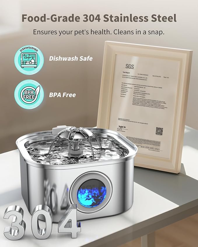 Cat Water Fountain Stainless Steel, 3.2L/108oz Cat Fountain with Water Level Indicator, Pet Water Dispenser with Quiet Pump Ideal for Cats, Dogs and Multi-pet households