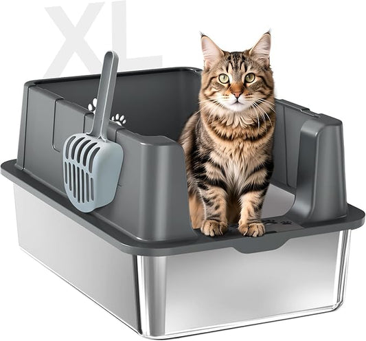 Sousia Stainless Steel Litter Box, Non-Sticky Anti-Leakage Easy Cleaning Metal Cat Litter Tray with Lid, High Wall Sides Enclosure and Scoop, Ideal for Big Cats, XL (Grey)