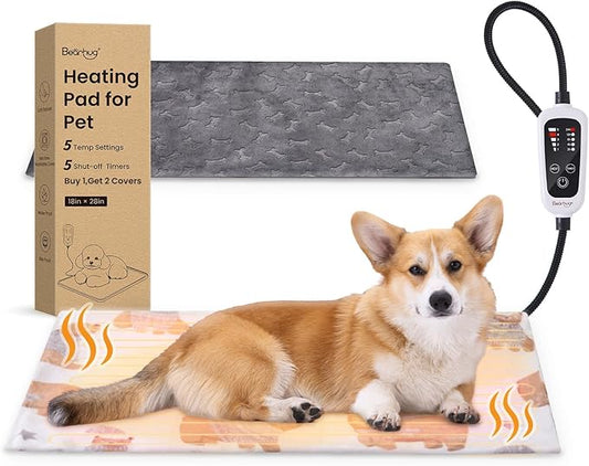 Bearhug Heated Cat Bed, Dog Heating Pad 28"×18"[Two Replaceable Cover] Adjustable Temperature Pet Heating Pad with Steel-Wrapped Cord, Waterproof and Chew-Resistant for Cats Puppies Medium Animals