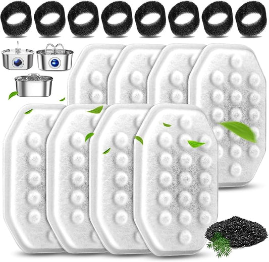 8 Pack Cat Water Fountain Filters with 8 Pack Pre-Filter Sponges Set for 3.2L/108oz Pet Cat Water Fountain, Pet Fountain Filter Replacement