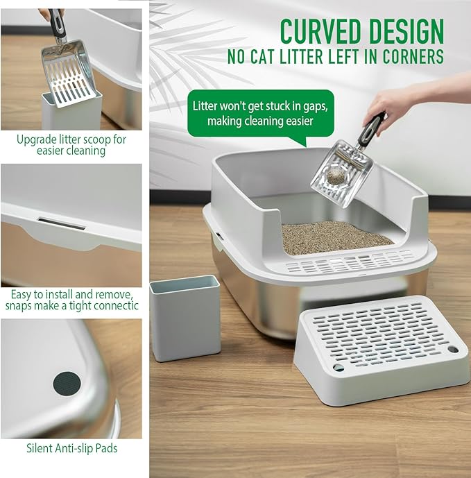 Stainless Steel Cat Litter with Lid, XL Extra Large Enclosed Cat Litter Box for Big Cats, High Sides Metal Litter Box, Anti Leakage,Odor-Free & Easy Cleaning,Include Scoop & Foot Board
