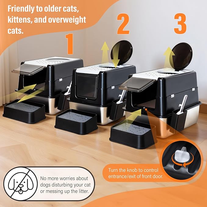 Stainless Steel Litter Box, XL Top Entry Cat Litter Box with Flip Lid, High Side Large Top Front Dual Exit Enclosed Cat Litter Pan Tray with Litter Scoop and Foot Pedal, Easy Cleaning, Anti-Leakage