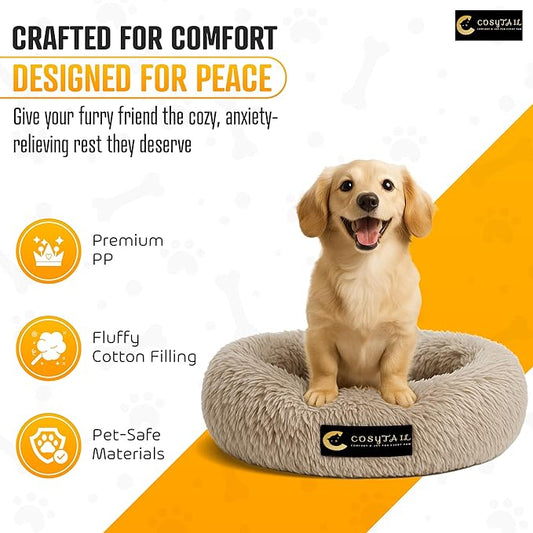 Anti-Anxiety Donut Pet Bed, Round Plush Faux Fur, Washable, Small to Medium Dogs and Cats (Brown, Large)