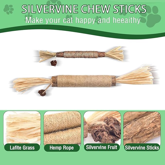 Cat Chew Toys, 4-Pack Silver Vine Cat Toys, Natural Silver Vine Sticks for Cats, Natural Silver Vine Stick Cage Cat Bell Balls for Cleaning Teeth, Increase Appetite, Suitable for Indoor Cats