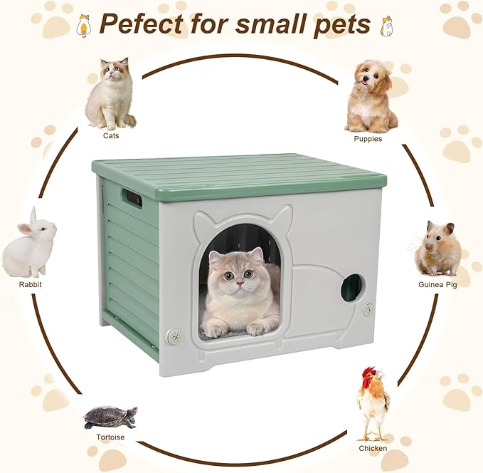 Heated Cat House, Cat Shelter Indoor, Weatherproof Waterproof Plastic Stackable Cat House for Winter with Heating Mat(Green