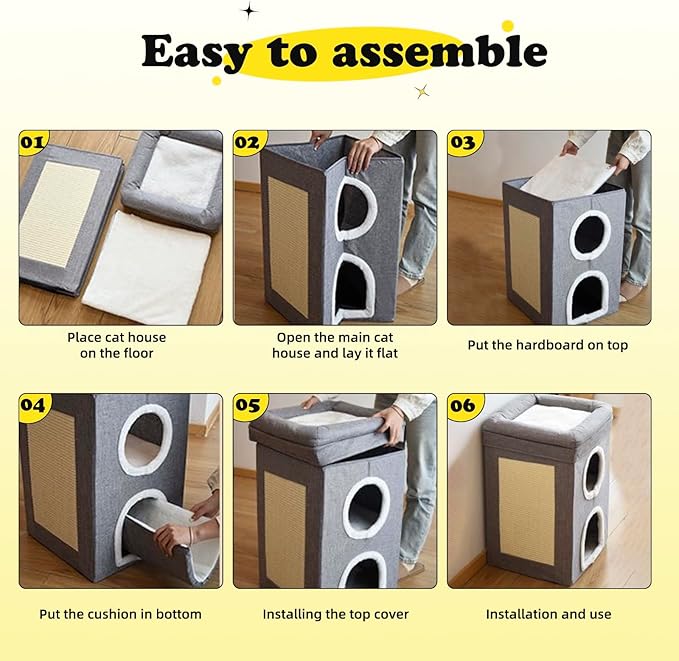 3-Level Cat House for Indoor, Covered Cat Condo with Scratch Pad and Hideaway Cave, Cat Bed &Furniture for Multi Pets and Large Cats, 15.3 * 15.3 * 26 inches,Grey