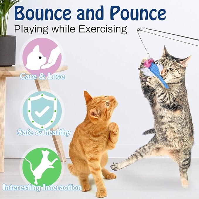 Pawaboo Cat Feather Toys, 4 Pack Interactive Teaser Wand, Retractable Fishing Pole Catcher Exerciser With Refill Fish, Dragonfly Worm With Bells, Fun Kitten Kitty Playing Toy