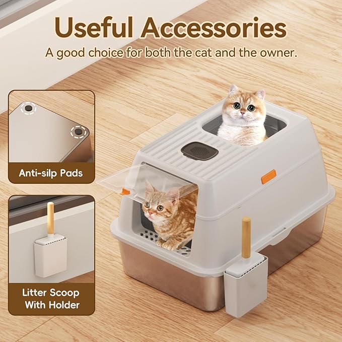 Enclosed Stainless Steel Cat Litter Box with Lid Extra Large Litter Box for Big Cats XL Metal Litter Pan Tray with High Wall Sides Enclosure, Non-Sticky, Anti-Leakage, Easy Cleaning (Light Grey-2)