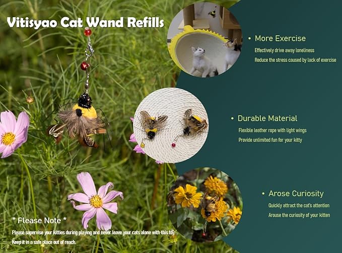 Cat Insect Feather Toys Replacement - 2 Pcs Handmade Natural Bees - Cat Toy Wand Refills - Interactive Kitten Teaser Wand Attachments - Cat Toys for Indoor Cats Play