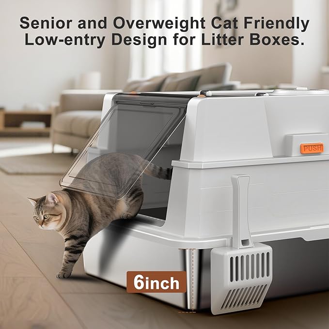 Extra Large Enclosed Stainless Steel Cat Litter Box with Lid - XXXL Giant Metal Enclosed High Sides Litter Boxs for Multi-Cat Households and Overweight Cats - Black