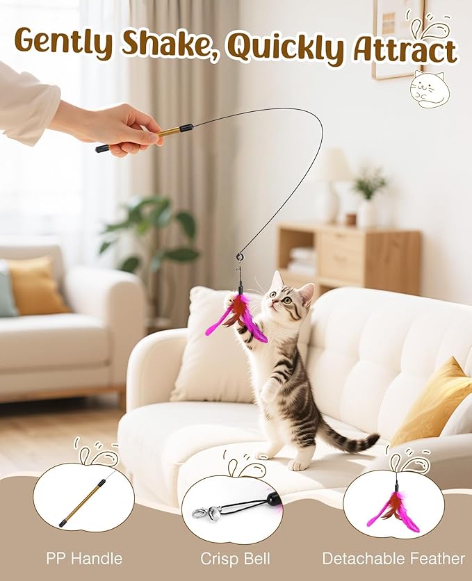 Pawaboo Feather Teaser Cat Toy, Interactive Feather Wand Cats Toy Flying Feathers Cat Catcher with Extra Long 34.5" Wand and Small Bell, Exerciser Playing Toys for Kitten or Cats, Rose + Red Brown
