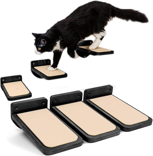 INICIO Cat Wall Stairs - Set of 3 Wall Steps for Cats to Climb with Fixtures, 9.3"x4.7" - Floating Steps for Climbing or Playing - for Kittens and Adult Cats, Black
