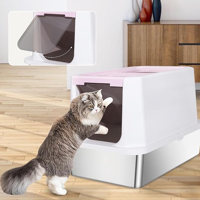 RIZZARI Stainless Steel Cat Litter Box, Odorless Enclosed Litter Box with Top Holes, Large Litter Pan for Small to Large Sized Cats (Pink, 23.8" L*15.9" W*16.1" H)