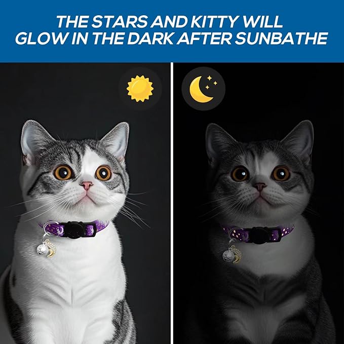 4 PCS Breakaway Cat Collars with Bell Moons Stars,Kitten Collar and Adjustable with Pendant Glow,Cute Kitty Collar for Girl Boy Cats,Pet Gifts,Accessories(4 Colors)