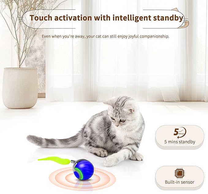 Speedy Tail 2.0 Interactive Cat Toy – Smart Self-Rolling Cat Ball with Feather Tail, Automatic Moving Motorized Toy for Indoor Cats, Chasing & Hunting Fun (Blue)