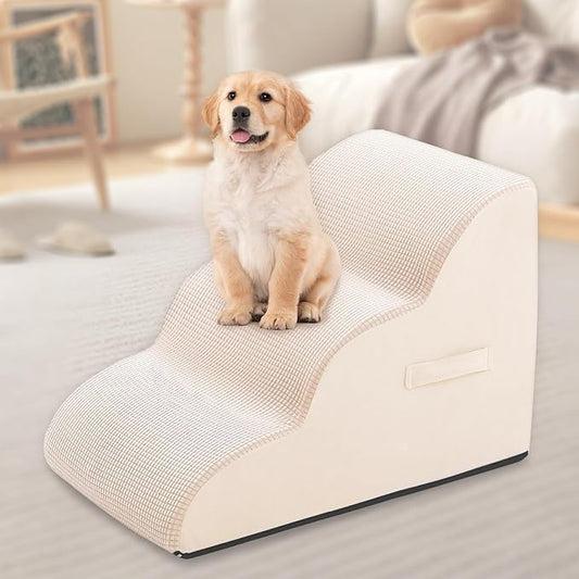 Dog Steps for Small Pets, Dog Stairs for High Beds and Couch, 16" 3-Step High Density Foam Pet Stairs for Dogs Injured, Older Dogs Cats, Pet with Joint Pain (Beige)