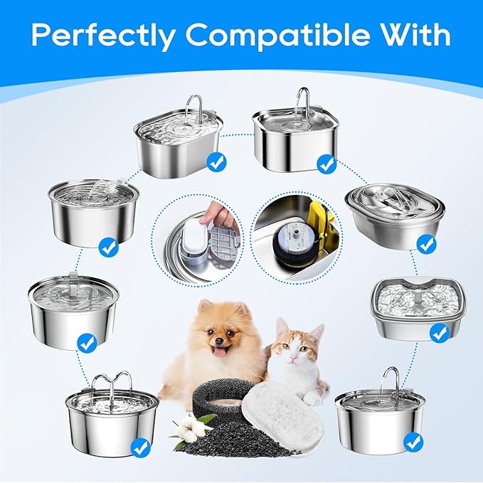 Cat Water Fountain Filter Replacement 67oz/2L, 8+8 Pack Filter & Sponge Compatible with Tomxcute Cat Fountain Stainless Steel 135oz/4.0L or 108oz/3.2L, Compatible with NautyPaws 3.2L/108oz