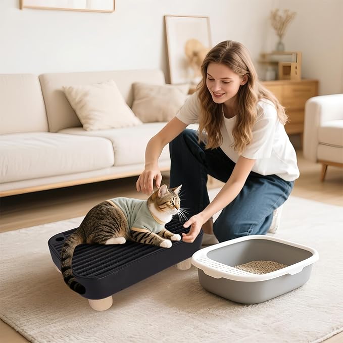 Cat Ramp Litter Box Step, Small Senior Cat Litter Box Mats Ramp for Floor with Wooden Base, Low Entry Cute Cats Food Mat Stairs Prevent Tracking, Silicone Small Litter Boxes Shield Catcher Mat Black