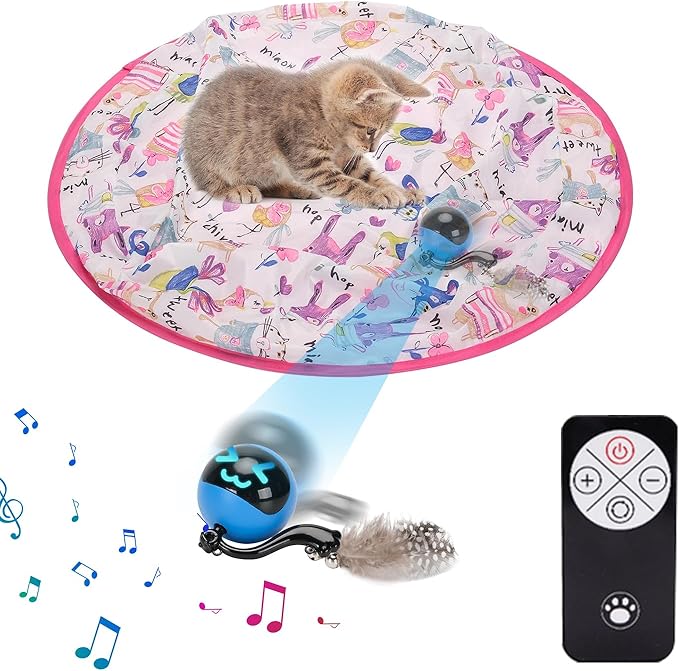 Interactive Cat Toys Ball Self Rolling in Pouch,Hunting Remote Control Simulated Chirping Bird Moving Cat Toy with Mat,Hide and Seek for Indoor Cats Mouse Chasing Games