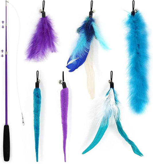 SONGWAY Interactive Cat Feather Toy Set - Retractable Teaser Wand with 6 Pcs Feather Refills with Bell, Cat Wand Toys for Indoor Cats Kittens Play Chase Exercise, Blue