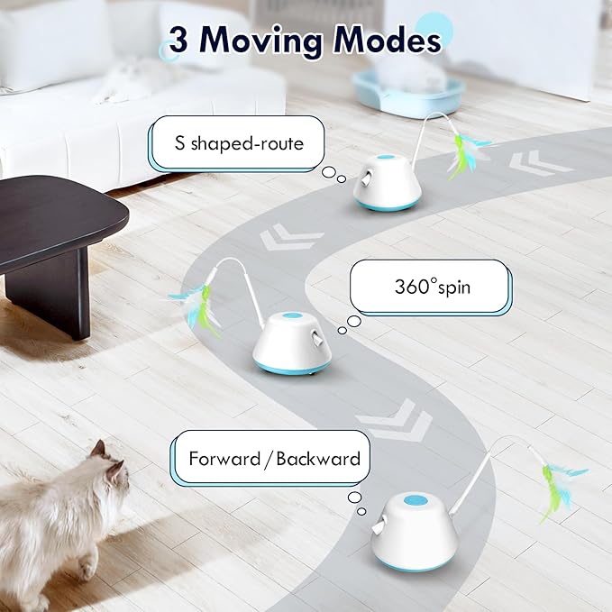 Automatic Cat Toy Interactive Cat Toys for Indoor Cats with 3 Removable Feathers & 3 Speed Play Modes,USB Rechargeable Smart Excercise Toy for for Multi-cat Family Adult Bored Kittens
