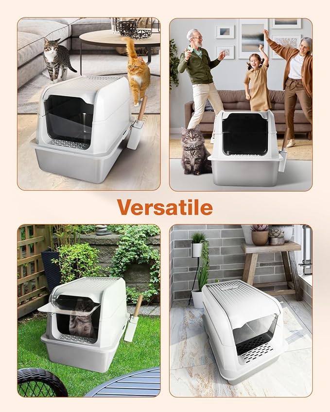 Stainless Steel Litter Box with Lid - Extra Large Cat Litter Boxes for Big Cats with Mat & Scoop - Anti-Leakage, Odor-Proof, High-Sided, Non-Stick＆ Easy to Clean - Ideal for Multi-Cat Homes - White