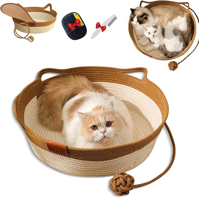 Cutypet Cat Basket, Cuty Pet Basket, Handwoven Cotton Rope Cat Bed, cat Scratch Bed with Built-in Teasing Ball, Breathable & Easy to Clean and Detachable Pad (Brown, Medium)