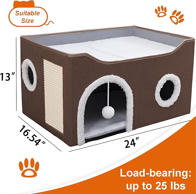 Cat Houses for Indoor Cats - Large Cat Bed Cave with Scratch Pad and Fluffy Ball, Foldable Cat Condo Hideaway with Reversible Cushion for Multi Small Pet，Brown