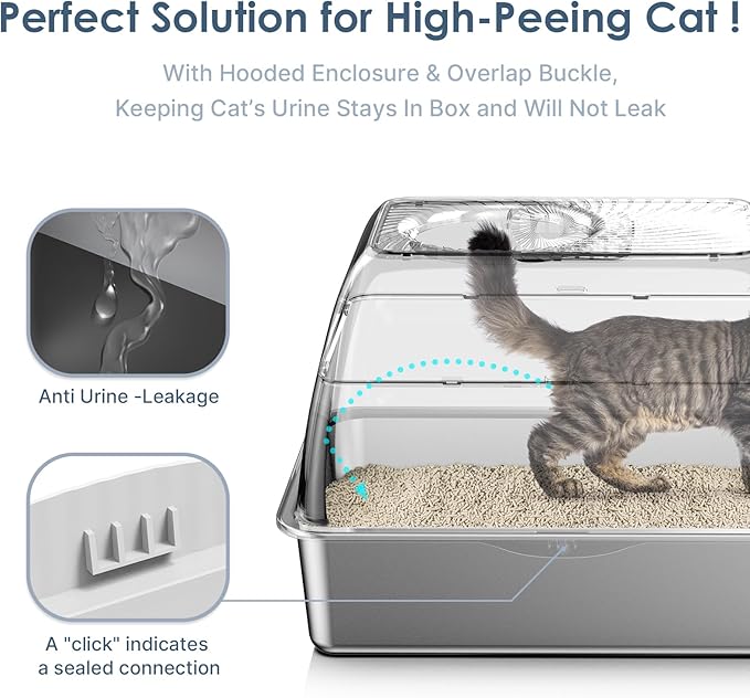 Stainless Steel Top Entry Litter Box with Dog-Proof, Hooded Stainless Steel Litter Box with Filter Lid & Scoop for Low Tracking, Enclosed Cat Litter Boxes for Anti-Leakage Metal Litter Pan