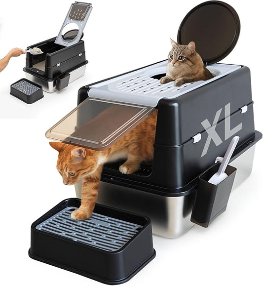 Stainless Steel Litter Box, XL Top Entry Cat Litter Box with Flip Lid, High Side Large Top Front Dual Exit Enclosed Cat Litter Pan Tray with Litter Scoop and Foot Pedal, Easy Cleaning, Anti-Leakage