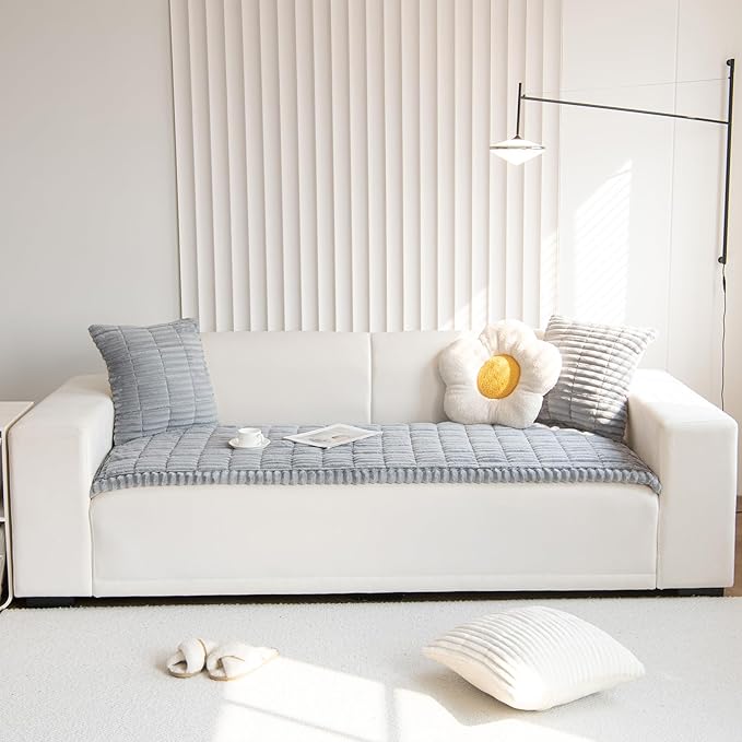 Faux Fur Plush Dog Couch Cover 3D Stripe Fuzzy Sofa Cover Non-Slip Fluffy Dog Bed Cover Pet Blanket Sofa Couch Furniture Protector for Puppy Large Dog Cat (Light Grey,28"x35")