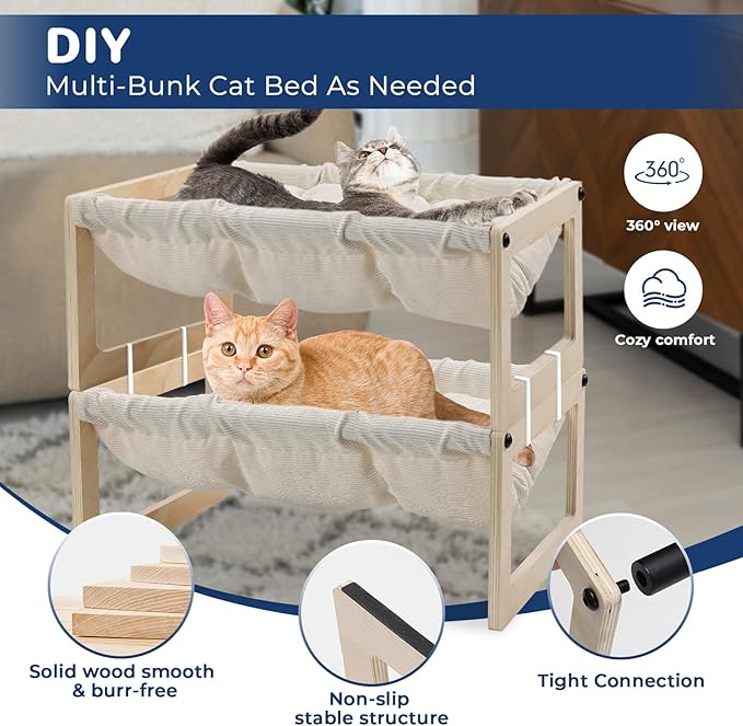 Cat Bed with Removable Washable Cushion, 9.5" Elevated Wooden Cat Hammock Bed, 360° Visibility Dog/Cat Cot with Cozy Winter Pads for Kitty, Puppy, Rabbit and All Pets