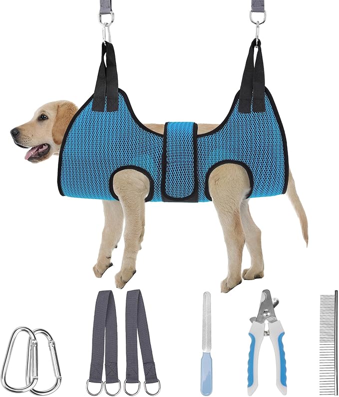 PAWCHIE Dog Grooming Hammock Harness for Dog Cat with Pet Nail Clipper Trimmer-Breathable Cat Hanger Sling for Trimming Clipping Nails-Dog Hammock Restraint Bag for Small Medium Large Dog, Dark Blue M