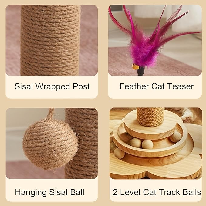 Cat Scratching Post 16'' Tall Cat Scratching Posts for Indoor Cats Adults with Hanging Ball and Interactive Wooden Ball Sisal Rope Cats Scratch Post