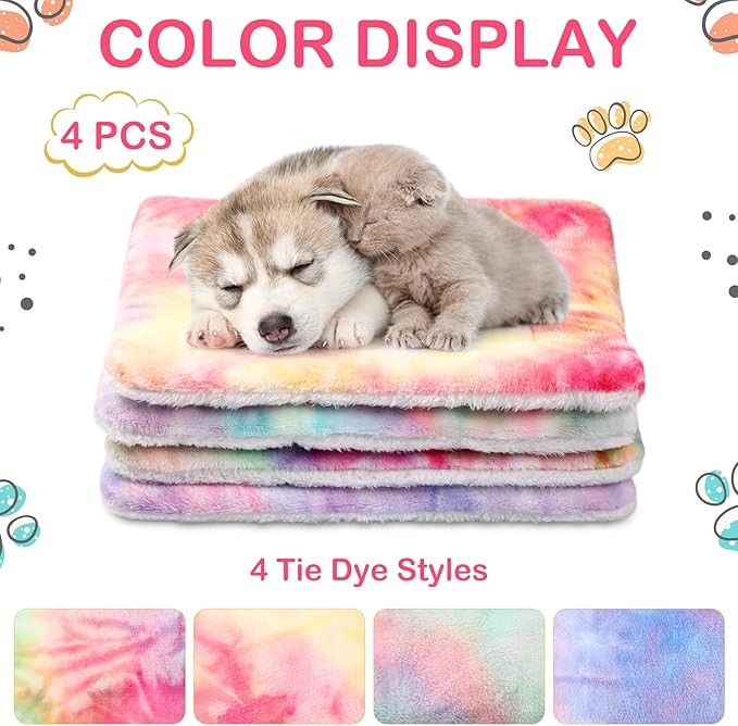 Haull 4 Pcs Waterproof Guinea Pig Bedding Winter Guinea Pig Bed Plush Cage Liners Soft Dog Cat Mat Reversible Winter Cozy Animal Pee Pad Hamster Bed Mat for Bunny(Tie Dyed,13 x 18.5 Inch)