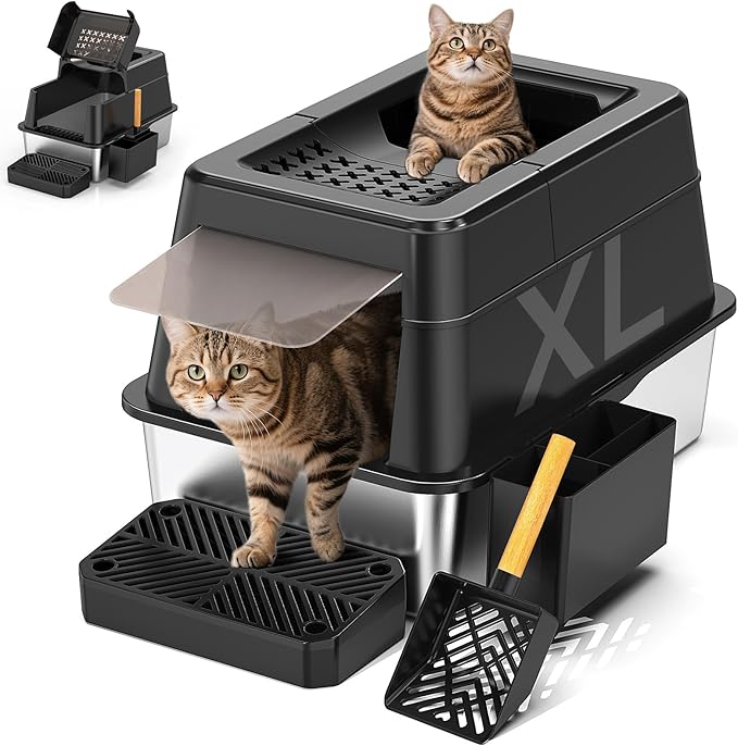 Stainless Steel Litter Box with Lid, XL Closed Metal Litter Box Modular Design with Flip Lid Fits All Cats, Extra Large Covered High Sided Cat Box, Scoop, Non-Sticky, Easy Cleaning, Black