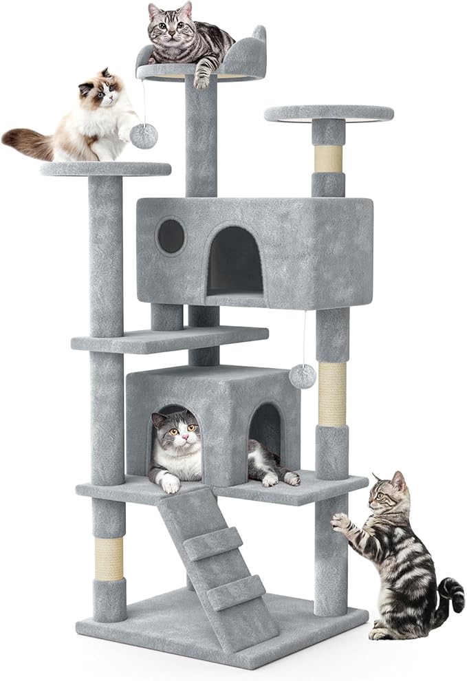 MoNiBloom 54 Inch Cat Tree Tower for Indoor Cats Large Adults, Cat Tower with Scratching Post, Multi-Level Furniture Activity Center with Cat Condo Pet Play House, Light Grey